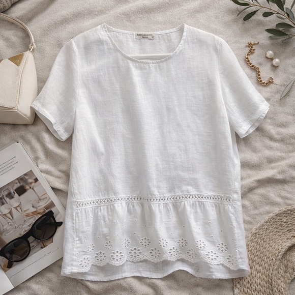 Terzo Millennio Tops - Terzo Millennio Italian Linen Blouse 100% Linen White Eyelet Hem L